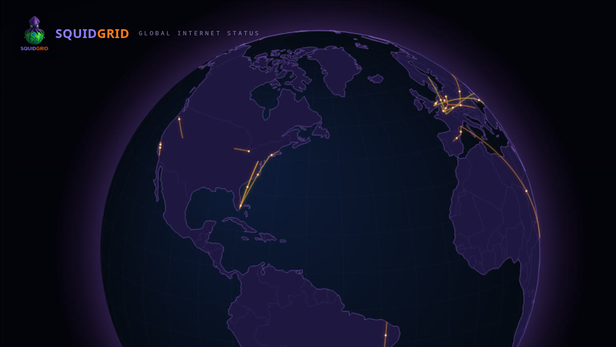 The SquidGrid globe with degraded
             network paths drawn between cities
