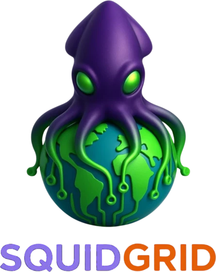 SquidGrid: a squid with its arms wrapped around a globe of circuit traces.